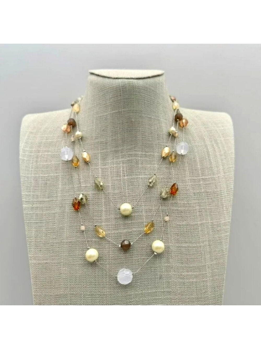 Lia Sophia Necklace Bellini Earth Tone Beaded Layered Triple Strand 18 Inch NWOT